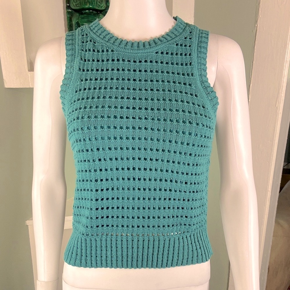 White House Black Market Teal Sleeveless Blouse sweater knit Crochet Vest Small